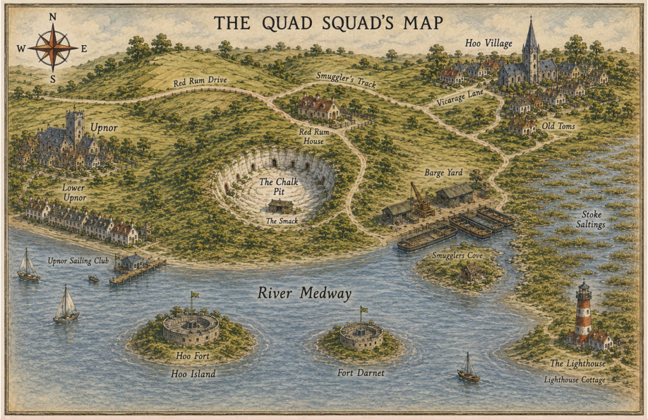 Illustrated map of the Quad Squad world around the River Medway
